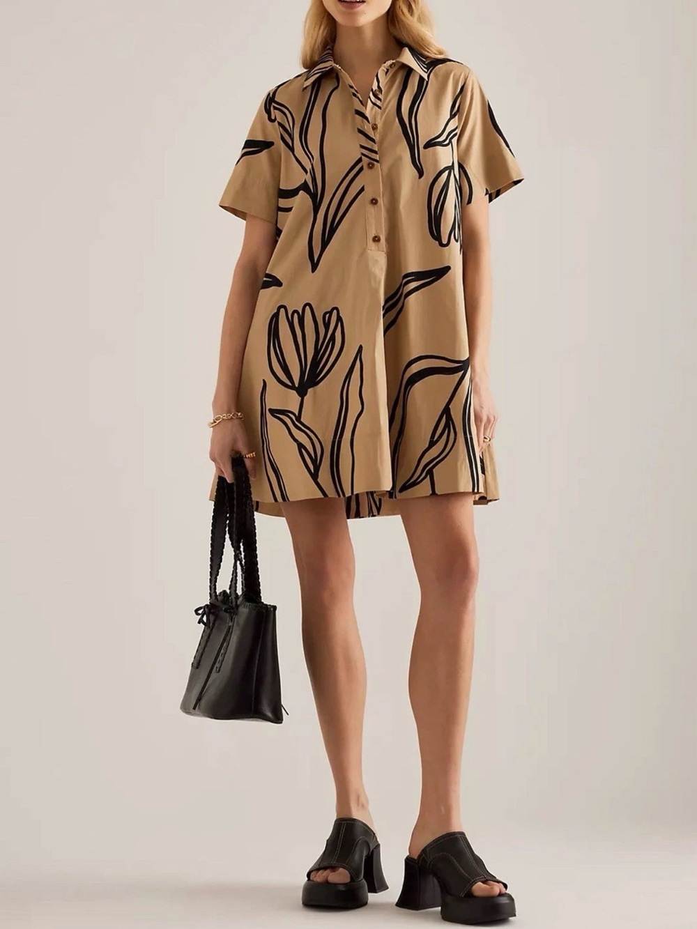 Anthropologie Pollie Mini Swing Dress Women XS Beige Black Abstract Floral Artsy